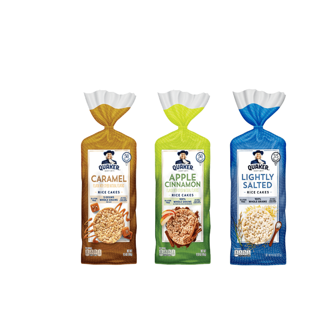 Quaker Rice Cakes Variety Bundle - Pack Of 3 Flavors,CARMEAL CORN, APPLE CINAMON,LIGHTLY SALTED..