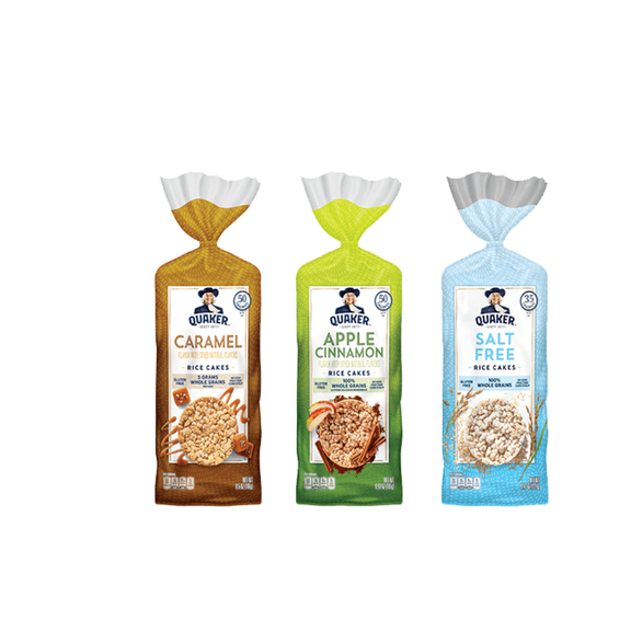 Quaker Rice Cakes Variety Bundle - Pack Of 3 Flavors,CARMEAL CORN, APPLE CINAMON,SALT FREE..