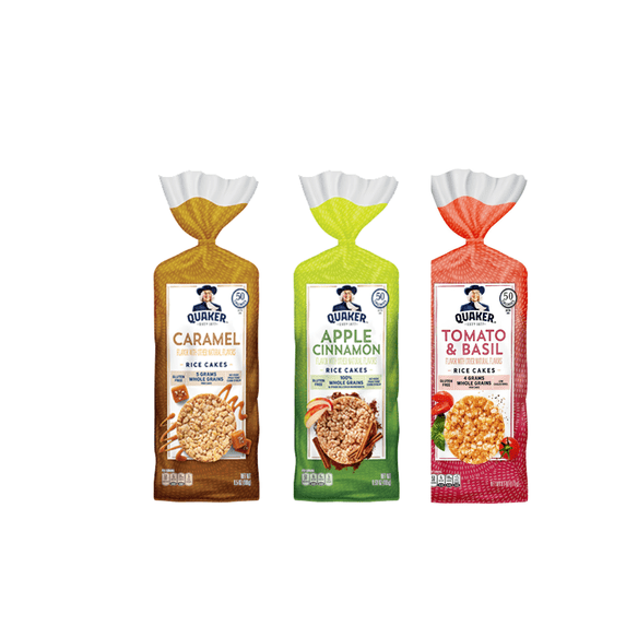 Quaker Rice Cakes Variety Bundle - Pack Of 3 Flavors,CARMEAL CORN, APPLE CINAMON,TOMATO AND BASIL..