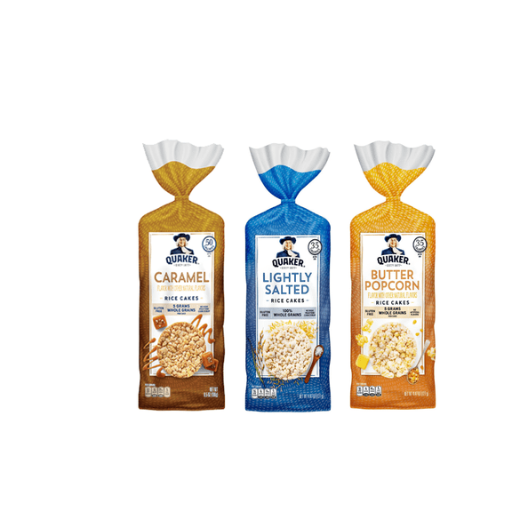 Quaker Rice Cakes Caramel, Lightly Salted & Butter Popcorn Flavors, Pack of 3, 1 lbs