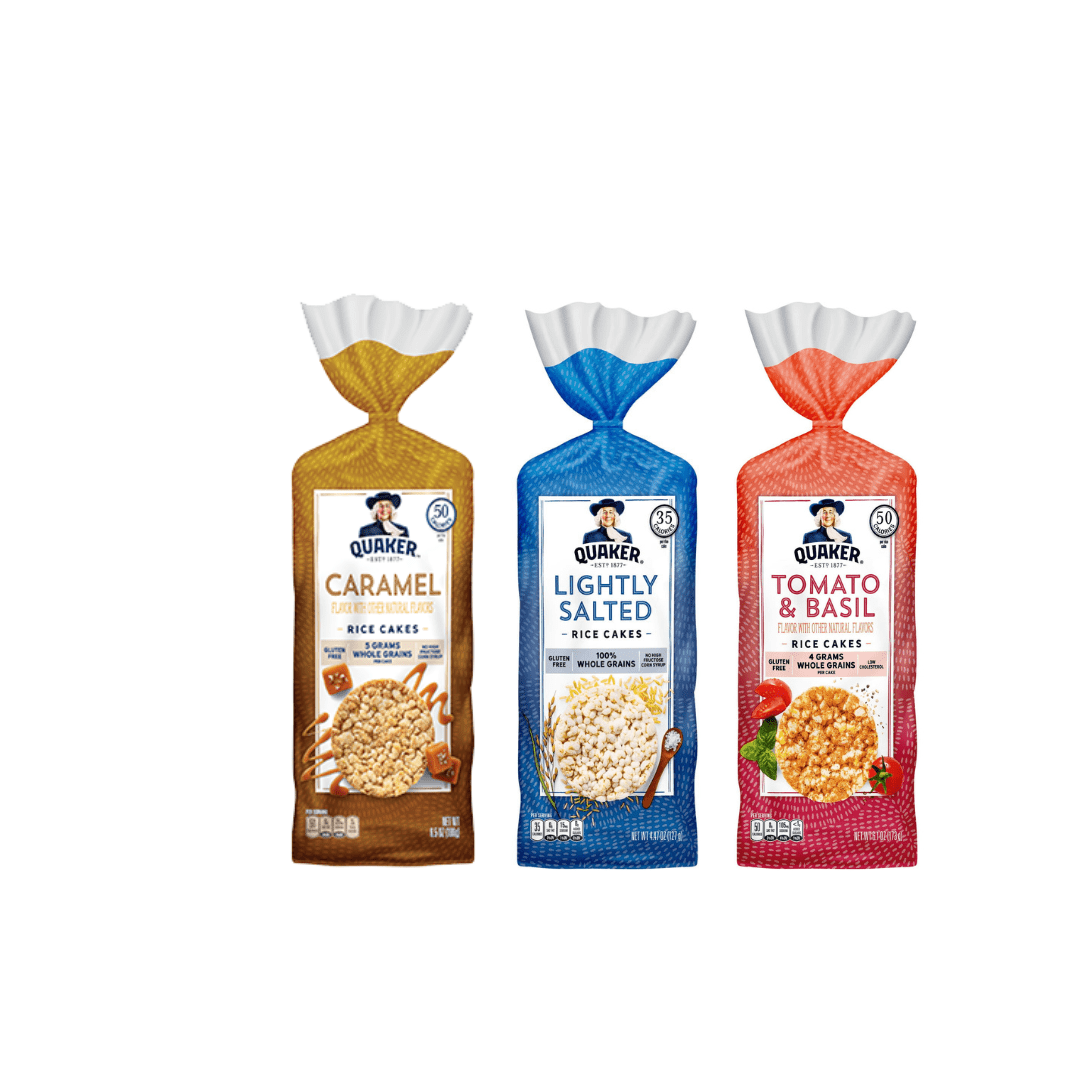 Quaker Rice Cakes Variety Bundle Caramel Lightly Salted Garden Tomato/Basil Flavors Shelf-Stable 3-Count 1 lbs