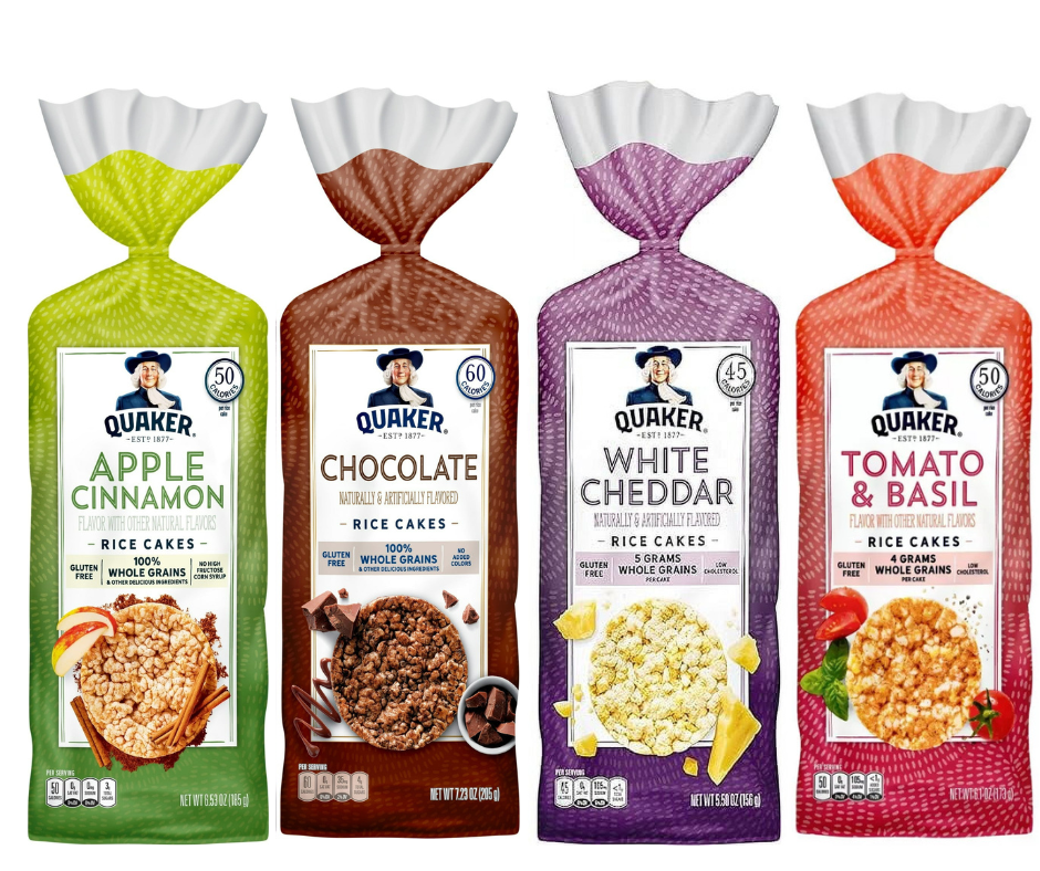 Quaker Rice Cakes Variety Bundle - Pack Of 4 Flavors,APPLE CINAMON RICE CAKE,CHOCOLATE RICE CAKE ,WHITE CHEDDAR RICE CAKE,TOMATO AND BASIL RICE CAKE