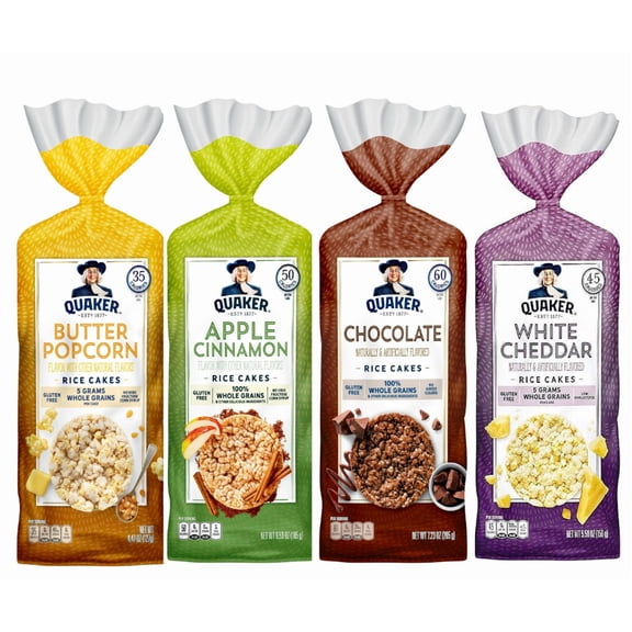 Quaker Rice Cakes Variety Bundle - Pack Of  4 Flavors,BUTTER POPCORN RICE CAKE,APPLE CINAMON RICE CAKE,CHOCOLATE RICE CAKE ,WHITE CHEDDAR RICE CAKE