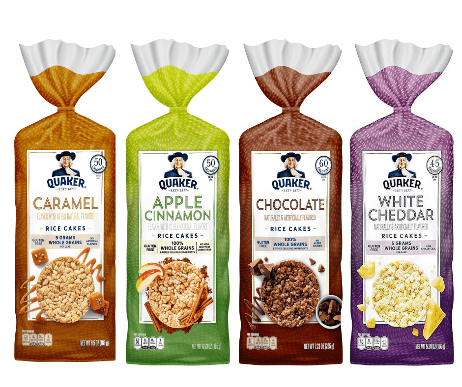 Quaker Rice Cakes Variety Bundle - Pack Of  4 Flavors,CARAMEL RICE CAKE ,APPLE CINAMON RICE CAKE,CHOCOLATE RICE CAKE ,WHITE CHEDDAR RICE CAKE..