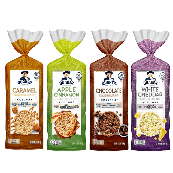 Quaker Rice Cakes Variety Bundle - Pack Of 4 Flavors,CARAMEL RICE CAKE ,APPLE CINAMON RICE CAKE,CHOCOLATE RICE CAKE ,WHITE CHEDDAR RICE CAKE..