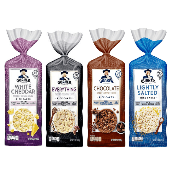 Quaker Rice Cakes Variety Bundle - Pack Of 4 Flavors,CHOCOLATE RICE CAKE ,WHITE CHEDDAR RICE CAKE ,EVERYTHING RICE CAKE LIGHTLY SALTED RICE CAKE