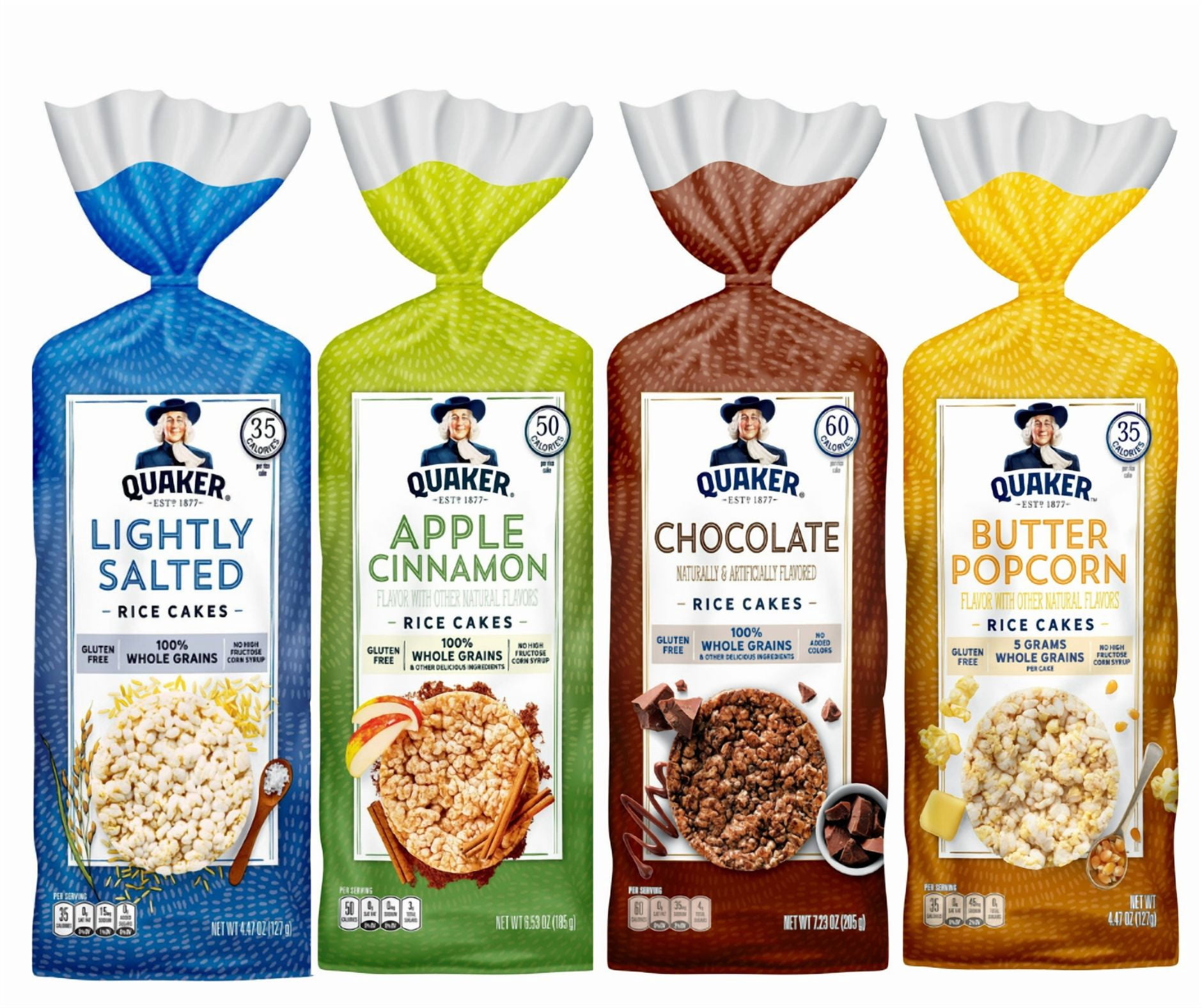 Quaker Rice Cakes Variety Bundle - Pack Of  4 Flavors,LIGHLTLY SALTED,APPLE CINAMON RICE CAKE,CHOCOLATE RICE CAKE ,BUTTERPOPCORN RICE CAKE..