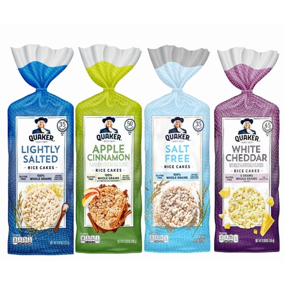 Quaker Rice Cakes Variety Bundle - Pack Of 4 Flavors,LIGHLTLY SALTED,APPLE CINAMON RICE CAKE,SALT FREE RICE CAKE,WHITE CHEDDAR RICE CAKE..