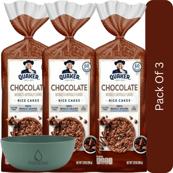 Quaker Rice Cakes Whole Grain Chocolate, Gluten Free, 7.23 oz-3pk, With Olive Green Bowl By ValueNest
