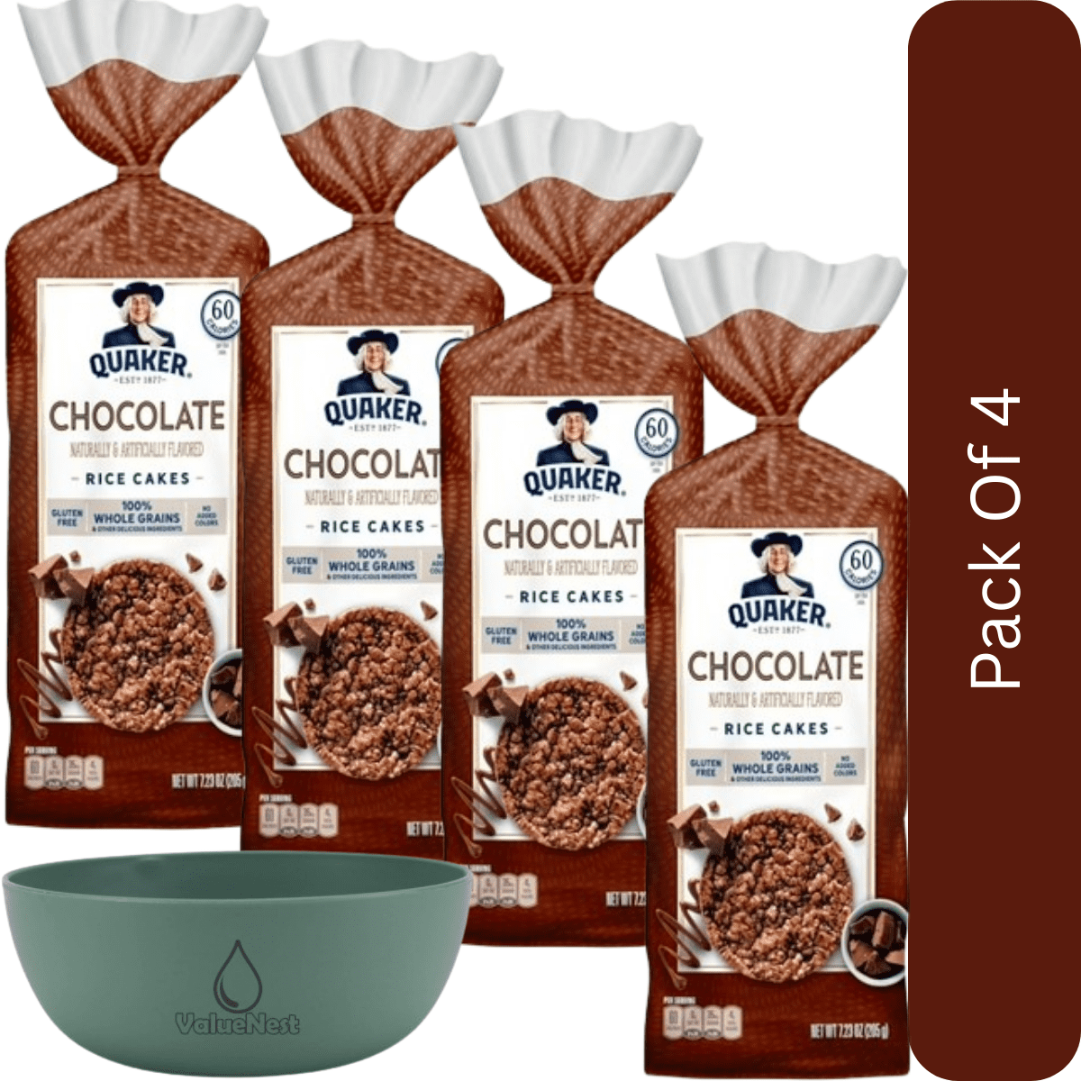 Quaker Rice Cakes – Whole Grain Chocolate, Gluten Free, 7.23 oz-4pk, With Olive Green Bowl By ValueNest