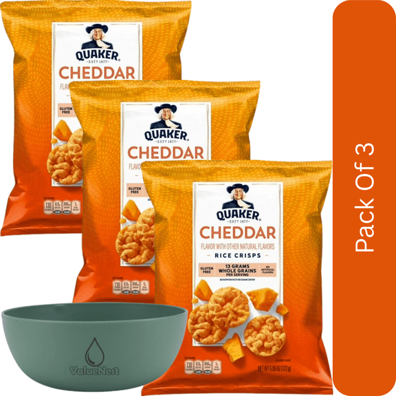 Quaker Rice Crisps Cheddar Cheese, Gluten Free, 6.06 oz Bag-3pk, With Olive Green Bowl By ValueNest