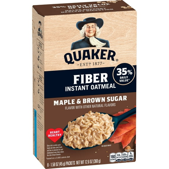 Quaker Fiber Instant Oatmeal, Maple Brown Sugar, 35% Daily Value of Fiber, Whole Grains, No Artificial Flavors, 1.58 oz packets, (8 Pack)
