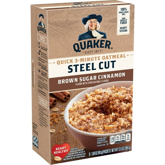 Quaker Steel Cut Quick 3 Minute Oatmeal, Brown Sugar & Cinnamon, 1.69 oz Packets, 8 Count