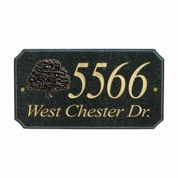 StoneMetal "OAK TREE LOGO" Rectangle Solid Granite Address Plaque in Black Polished Color