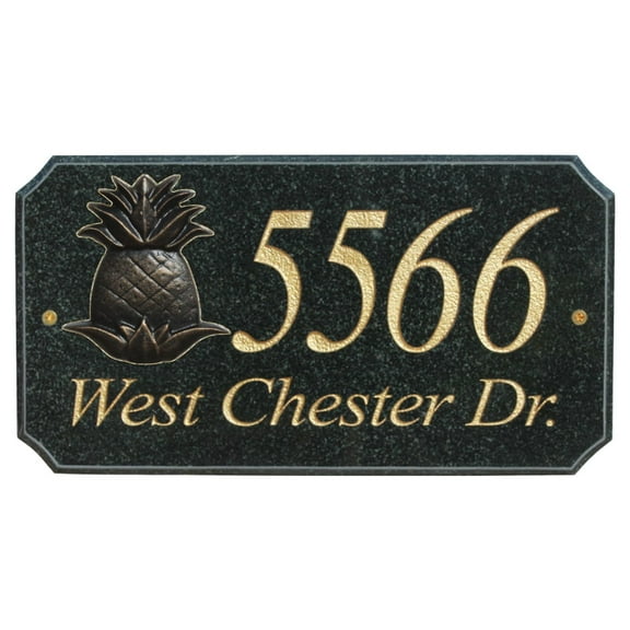 QualArc EXE-4702-BP-PA 9 in. StoneMetal Pineapple Logo Rectangle Solid Granite Address Plaque in Polished Black Color