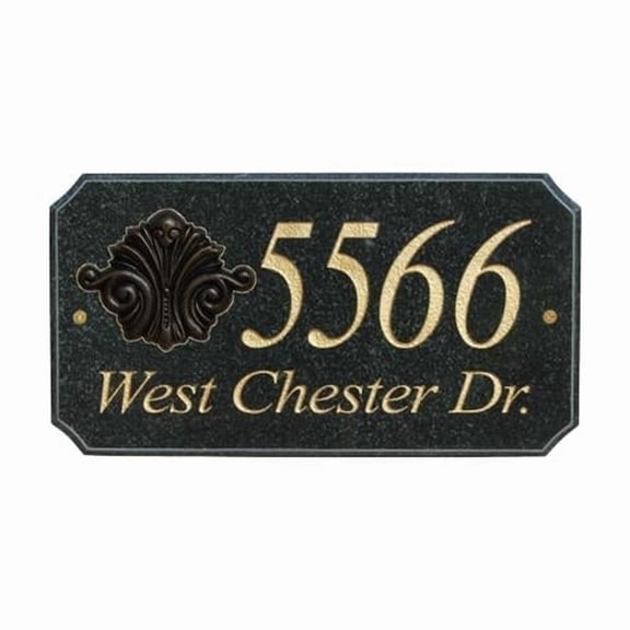 StoneMetal "SCROLL LOGO" Rectangle Solid Granite Address Plaque in Black Polished Color