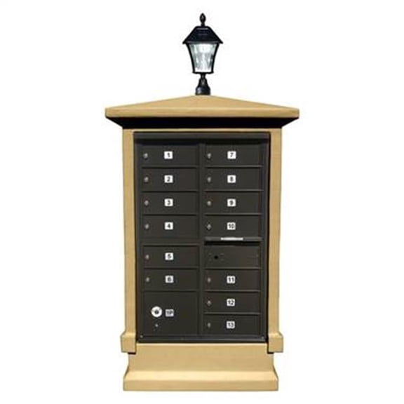 QualArc EVMC-SHRT-BT-SL 70 x 42 x 30 in. Estateview Stucco Cluster Box Unit Mailbox Center Column & Short Pedestal with Bayview Solar Lamp, Burnt Tuscan