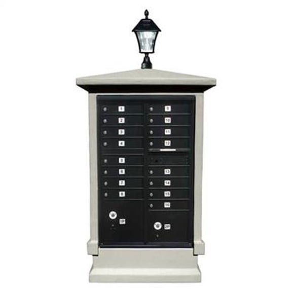 QualArc EVMC-SHRT-GY-SL 70 x 42 x 30 in. Estateview Stucco Cluster Box Unit Mailbox Center Column & Short Pedestal with Bayview Solar Lamp, Gray