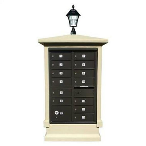 QualArc EVMC-SHRT-SS-SL 70 x 42 x 30 in. Estateview Stucco Cluster Box Unit Mailbox Center Column & Short Pedestal with Bayview Solar Lamp, Sandstone