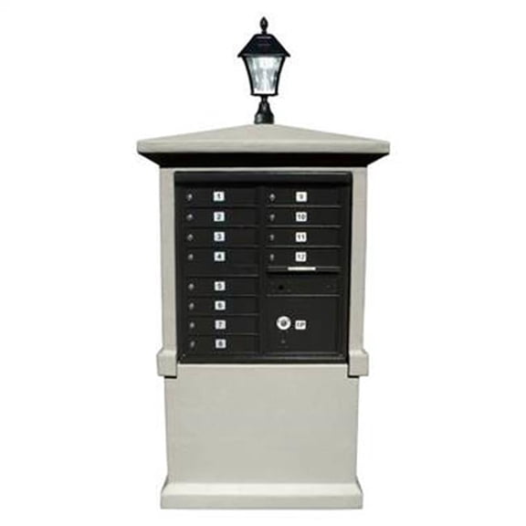 QualArc EVMC-TALL-GY-SL 70 x 42 x 30 in. Estateview Stucco Cluster Box Unit Mailbox Center Column & Tall Pedestal with Bayview Solar Lamp, Gray
