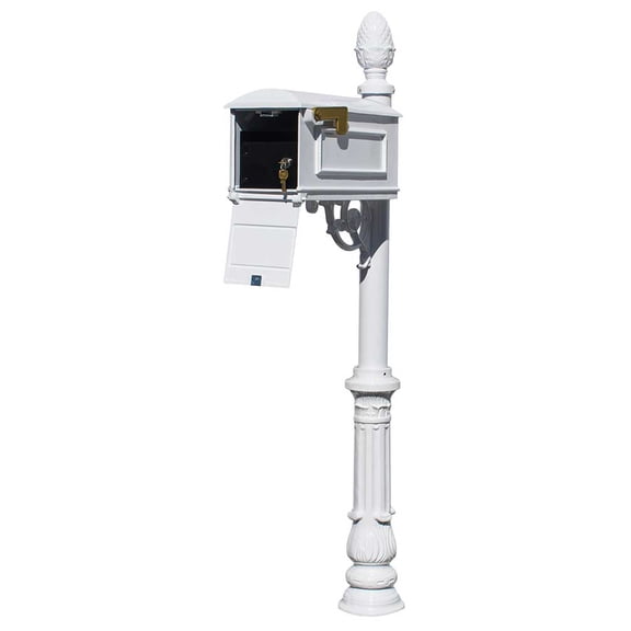 Lewiston Equine Mailbox Post System with Locking Insert, ornate base, pineapple finial (No address plates or numbers) , White