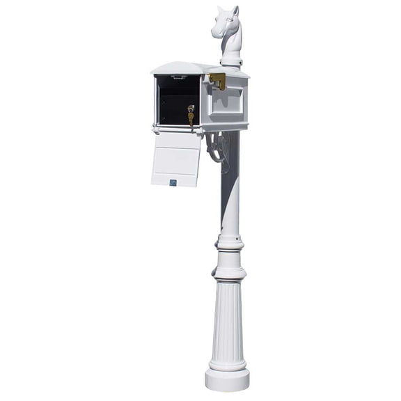 Lewiston Equine Mailbox Post System with Locking Insert, fluted base, horsehead finial (No address plates or numbers) , White