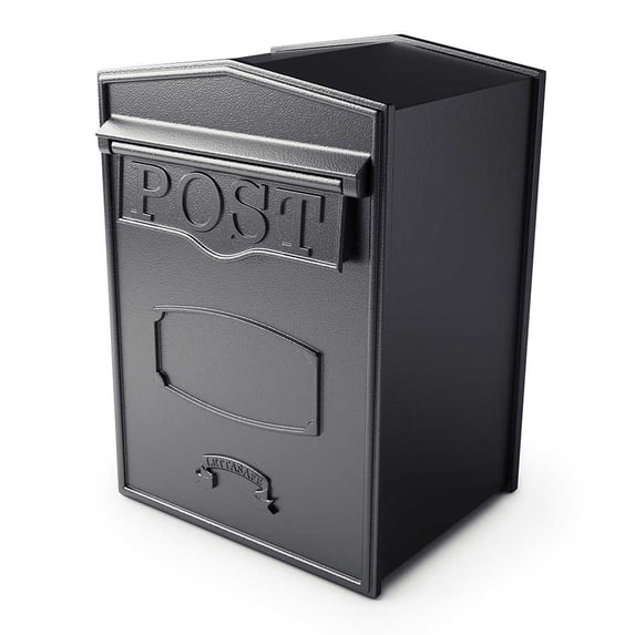 Mounted through a masonry wall or fence, mail is delivered through the front flap and retrieved from the rear lockable secure access door.