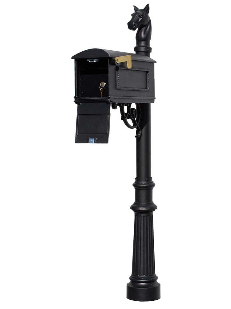 Black Aluminum Locking Post Mounted Mailbox with Horsehead Finial