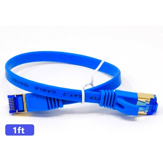 QualGear RJ45 Cat 7 Ethernet Patch Cable, 10Gpbs High-Speed Cable, 600MHz, Triple-Shielded, Flat, 1 Feet, Blue