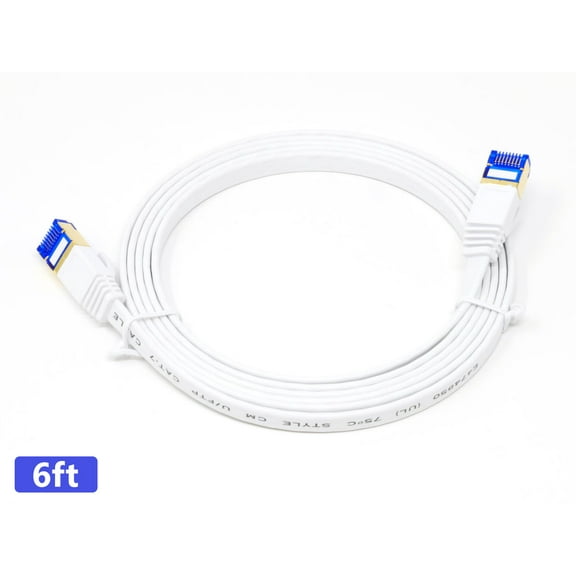 QualGear RJ45 Cat 7 Ethernet Patch Cable, 10Gpbs High-Speed Cable, 600MHz, Triple-Shielded, Flat, 6 Feet, White