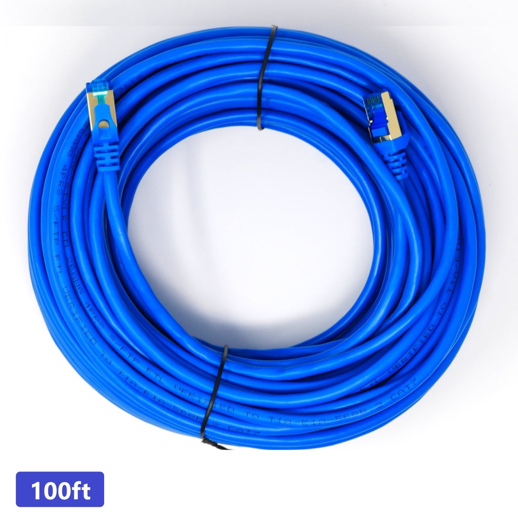 QualGear RJ45 Cat 7 Ethernet Patch Cable, 10Gpbs High-Speed Cable, 600MHz, Triple-Shielded, Round, 100 Feet, Blue
