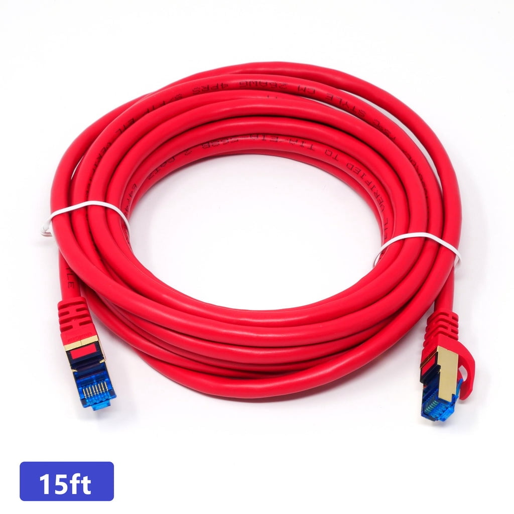 QualGear RJ45 Cat 7 Ethernet Patch Cable, 10Gpbs High-Speed Cable, 600MHz, Triple-Shielded, Round, 15 Feet, Red