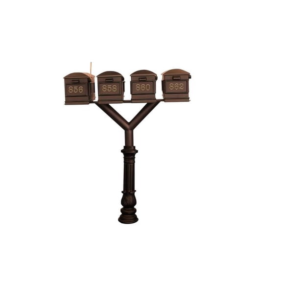 Qualarc PENPST4-700-LM-BRZ Penfield Quad Mailbox Post System, Decorative Ornate Base with 4 Lewiston Mailboxes - Bronze