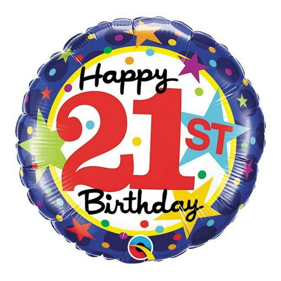 Qualatex 85796 18 in. 21st Birthday Stars Flat Foil Balloon