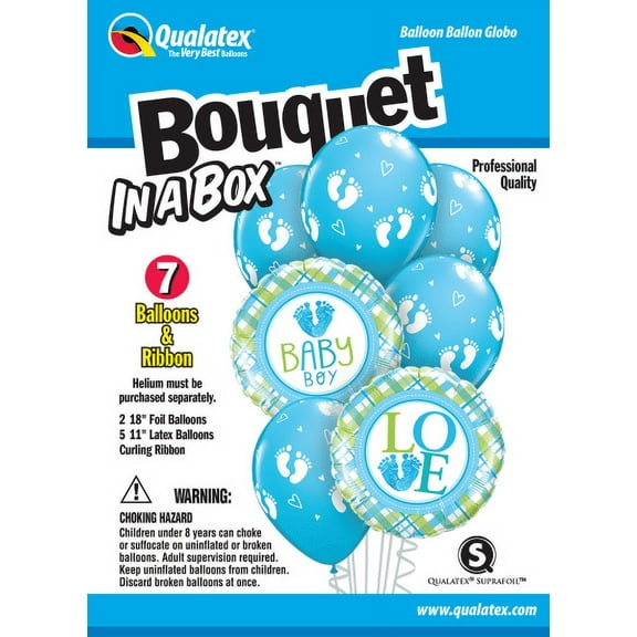 Qualatex - Bouquet In A Box Baby Boy Footprints Mylar  Latex Balloons (7ct)