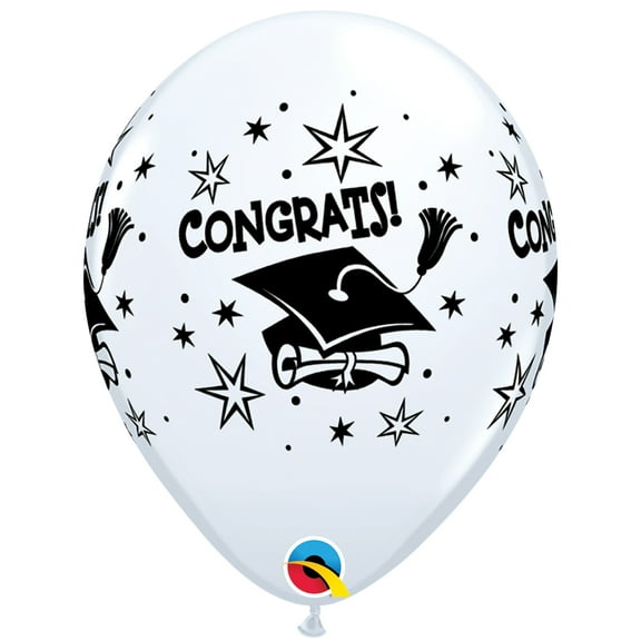Qualatex Grad Cap & Diploma Graduation 11" Round Latex Balloons, 50 CT, White Black