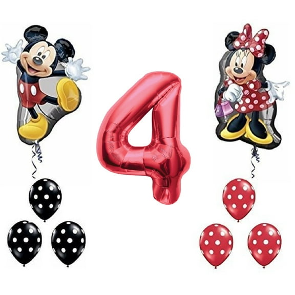 Qualatex Red Number 4 Mickey and Minnie Mouse Full Body Birthday Supershape Balloon Set
