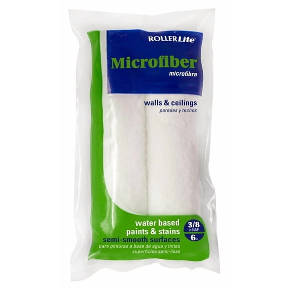 RollerLite 6MF8038D Mini Roller Cover, 3/8 in Thick Nap, 6 in L, Microfiber Cover, White