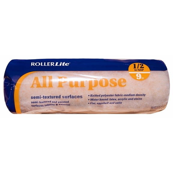 RollerLite All Purpose 9AP050 Roller Cover, 1/2 in Thick Nap, 9 in L, Polyester Cover, Yellow