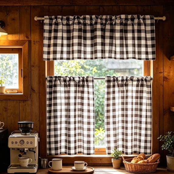 QualiVow 3-Piece Buffalo Check Kitchen Curtain Set, Farmhouse Gingham Valance and Tiers, Rod Pocket Window Decor
