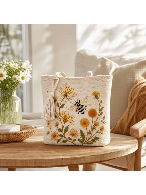 Bee Embroidered Tote Bag, Woven Straw Handbag with Tassel, Cute Summer Beach Bag for Women, 7.9in