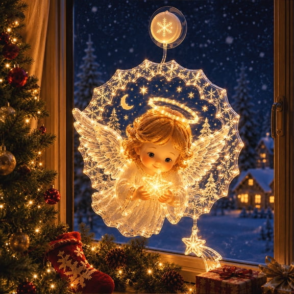 QualiVow Christmas Window Light, LED Angel Suction Cup Decoration, Battery Operated Holiday Window Display, 7.09 Inch