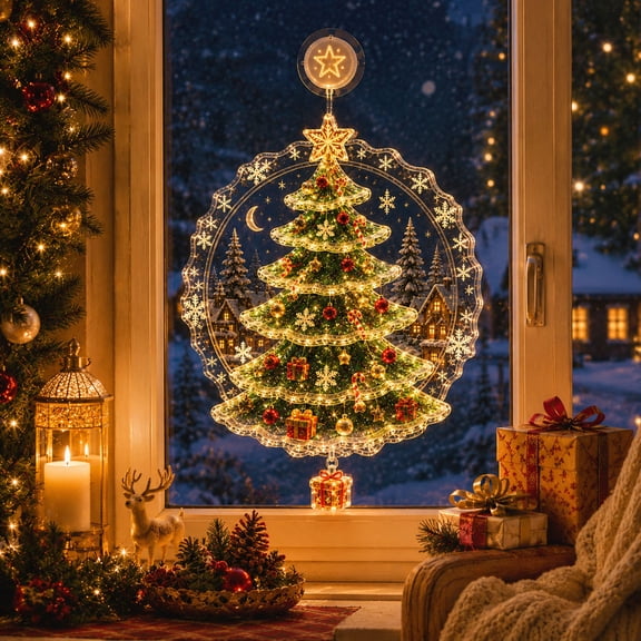 QualiVow Christmas Window Light, LED Christmas Tree Suction Cup Decoration, Battery Operated Holiday Window Display, 7.09 Inch