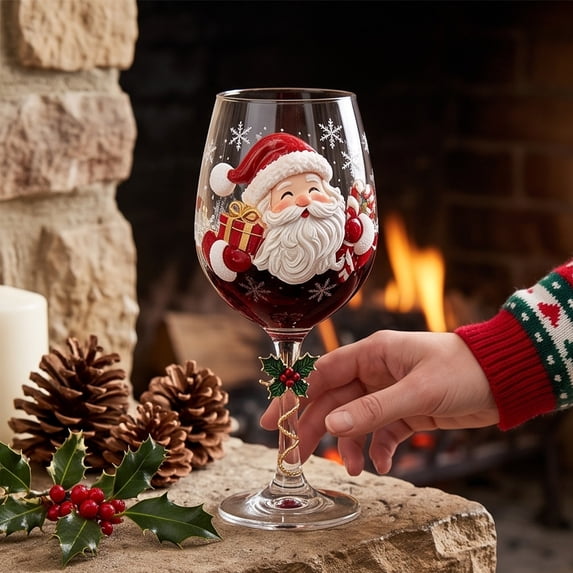 QualiVow Christmas Wine Glass 240ml, Gold Stemmed Holiday Goblet, Santa Snowman Reindeer Design, Winter Party Decor Gift