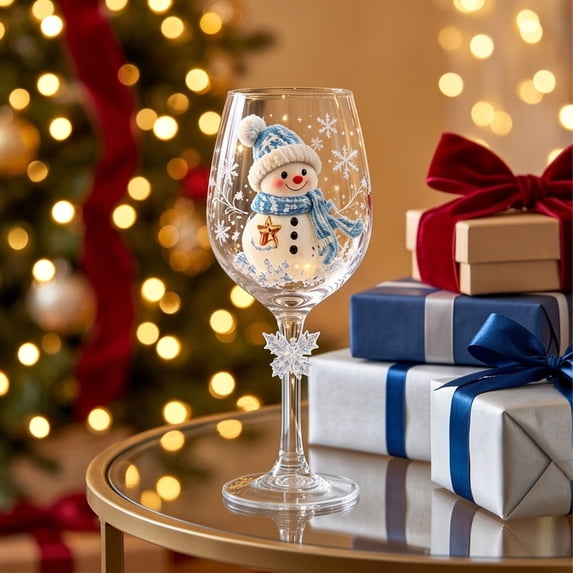 QualiVow Christmas Wine Glass 240ml, Gold Stemmed Holiday Goblet, Santa Snowman Reindeer Design, Winter Party Decor Gift