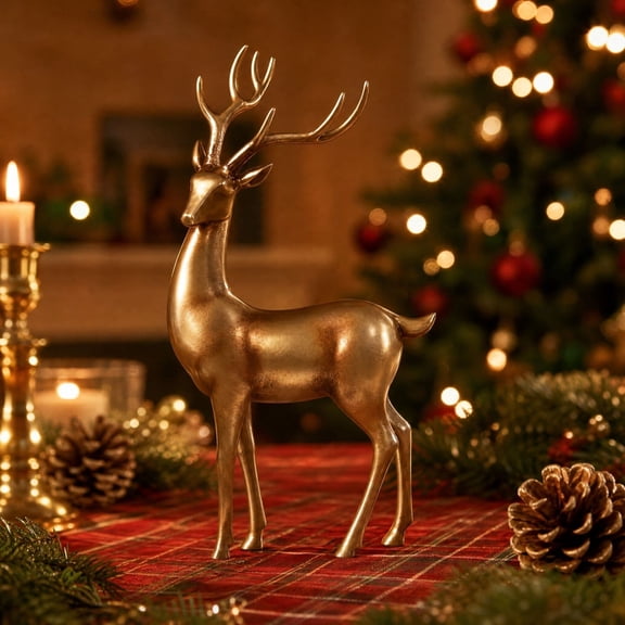 QualiVow Gold Reindeer Figurine, 12.2in Standing Deer Statue for Christmas Tabletop Mantel Decor