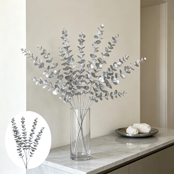 QualiVow Silver Artificial Eucalyptus Stems, 33.5in Tall Faux Greenery Branches, Metallic Silver Leaves for Home Vase Decor, 1 Pack