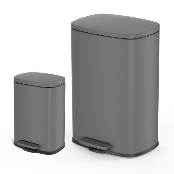 Qualiazero 2-Piece Rectangular Step-On Trash Can Combo, 13.2 Gallon Kitchen & 3.2 Gallon Bathroom Can, Soft-Close Lid, Matte Gray