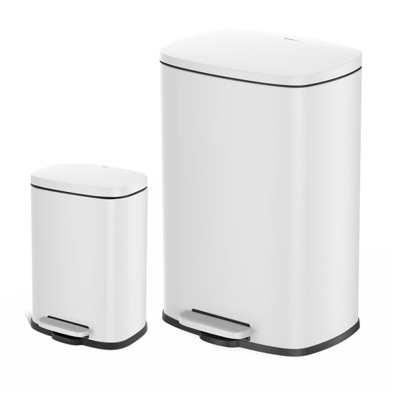 Qualiazero Kitchen Bathroom Trash Can Combo, 13.2 Gallon and 3.2 Gallon Stainless Steel Step Garbage Bin with Soft Close Lid, Matte White