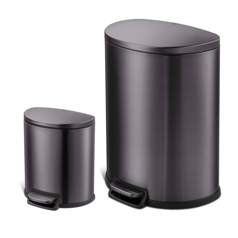 Qualiazero 13.2 and 1.6 Gallon Trash Can Combo, D-Shape Step On Kitchen and Bathroom  Trash Can, Black Stainless Steel 